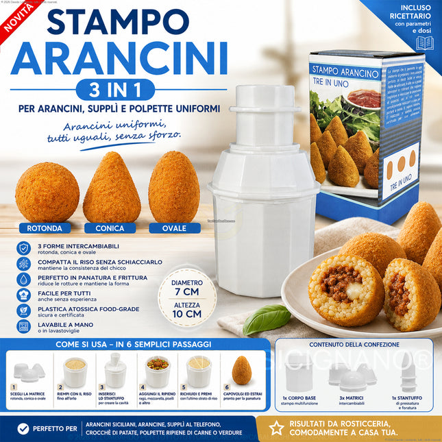 Stampo Arancini 3 in 1 | Per Arancini, Supplì e Polpette Uniformi | 3 Forme Intercambiabili Food Grade + Ricettario Arca