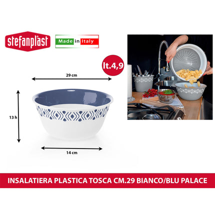 Stefanplast Ciotola Insalatiera Tosca Multiuso Leggera Food Grade Made in Italy | Diverse Misure e Colori Bianco Blu Palace 29 cm Stefanplast