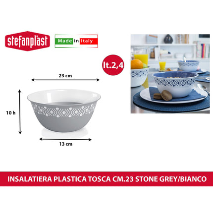 Stefanplast Ciotola Insalatiera Tosca Multiuso Leggera Food Grade Made in Italy | Diverse Misure e Colori Stone Grey Bianco 23 cm Stefanplast