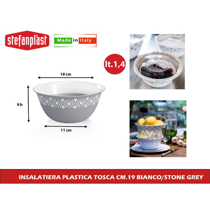 Stefanplast Ciotola Insalatiera Tosca Multiuso Leggera Food Grade Made in Italy | Diverse Misure e Colori Stone Grey Bianco 19 cm Stefanplast