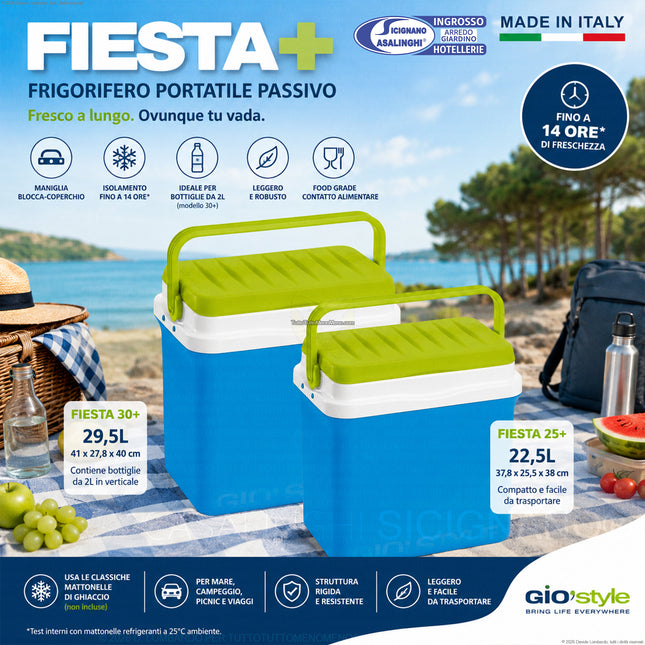 Giostyle Fiesta+ Frigorifero Portatile Passivo 22,5L o 29,5L – Struttura Rigida, Food Grade, Made in Italy Giò Style