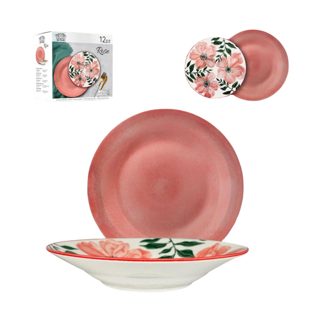 Arca Servizio Piatti 12 Pezzi Rose – Set in Porcellana per 6 Persone, Decoro Floreale Rosa, Lavastoviglie e Microonde Arca