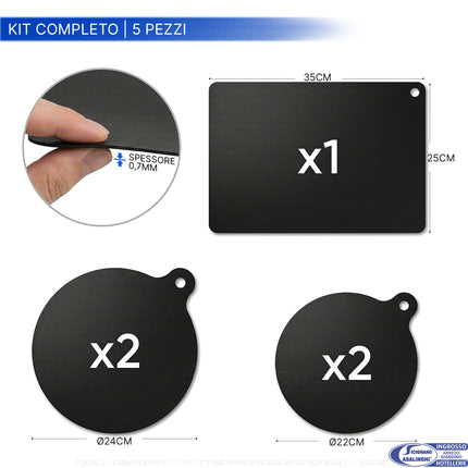 Tappetini Protettivi per Piano a Induzione in Fibra di Vetro 0,7 mm – Antigraffio, Antiscivolo, No‑Stick, Lavabili, fino a 250°C (Kit 5 pz, Rettangolare 35x25, Tondi Ø24 e Ø22) Kit completo | 5 pezzi Arca