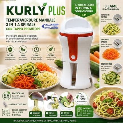Kurly Plus Spiralizzatore Manuale 3 in 1 per Spaghetti di Verdure – Taglia Verdure Compatto con 3 Lame in Acciaio Inox e Tappo di Sicurezza Lit Gas