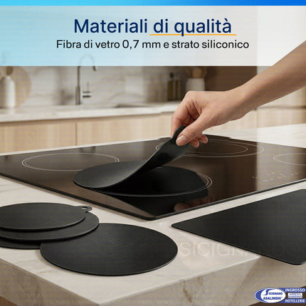 Tappetini Protettivi per Piano a Induzione in Fibra di Vetro 0,7 mm – Antigraffio, Antiscivolo, No‑Stick, Lavabili, fino a 250°C (Kit 5 pz, Rettangolare 35x25, Tondi Ø24 e Ø22) Arca
