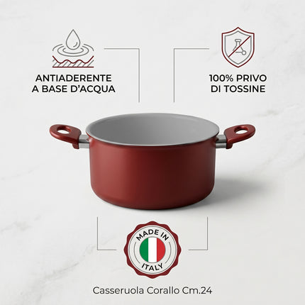Casseruola 24cm Corallo Accademia Mugnano con Coperchio Pyrex | Pentola Antiaderente in Alluminio Made in Italy Accademia Mugnano