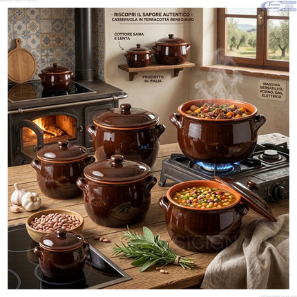 Benegiamo Pentola in Terracotta con Coperchio, Casseruola Artigianale in Ceramica per Forno e Fornello a Gas, Tegame per Legumi, Zuppe e Stufati (Misure Ø 12, 15, 18, 21, 24 cm) Benegiamo