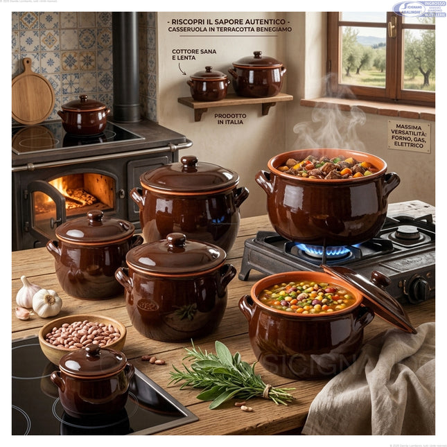 Benegiamo Pentola in Terracotta con Coperchio, Casseruola Artigianale in Ceramica per Forno e Fornello a Gas, Tegame per Legumi, Zuppe e Stufati (Misure Ø 12, 15, 18, 21, 24 cm) Benegiamo