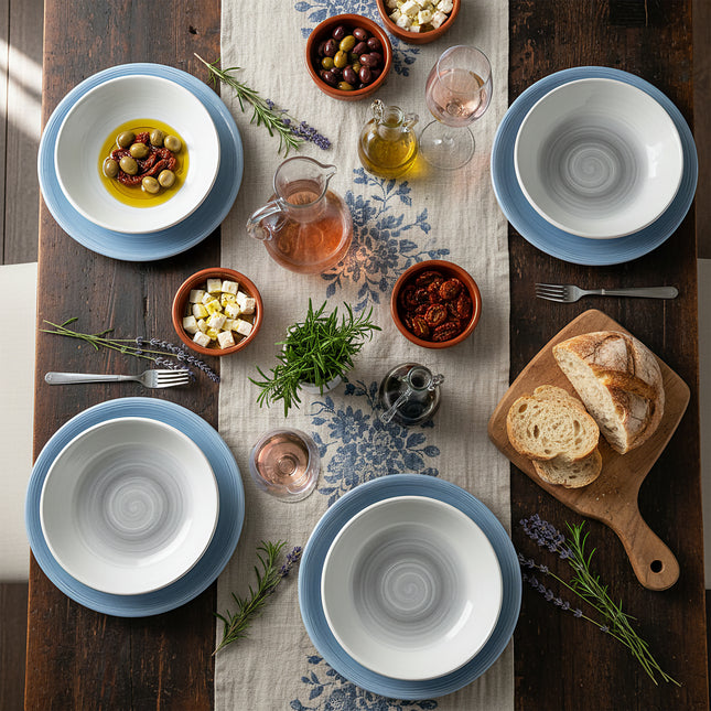 TTMM Set Piatti in Ceramica Rigata Effetto Acquerello Bianco/Azzurro – 12 Pezzi Made in Italy D&D Casalinghi