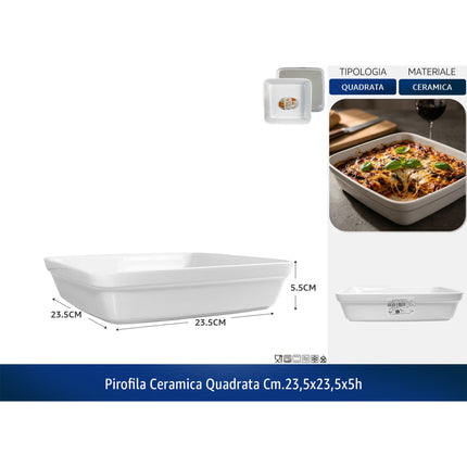 Pirofila Ceramica Quadrata, Idonea alla Lavastoviglie, Forno, Microonde, Freezer | Diverse Misure 23.5 x 23.5 x 5h cm Pengo