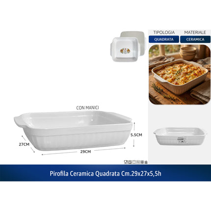 Pirofila Ceramica Quadrata, Idonea alla Lavastoviglie, Forno, Microonde, Freezer | Diverse Misure 29 x 27 x 5.5h cm (con manici) Pengo