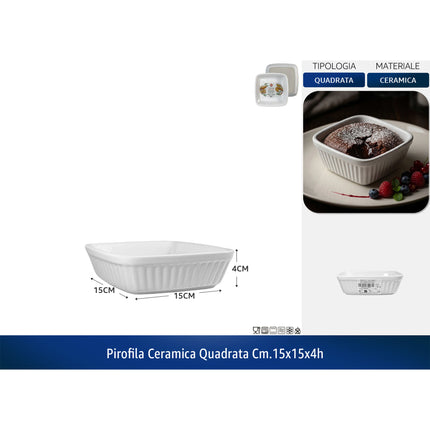 Pirofila Ceramica Quadrata, Idonea alla Lavastoviglie, Forno, Microonde, Freezer | Diverse Misure 15 x 15 x 4h cm Pengo