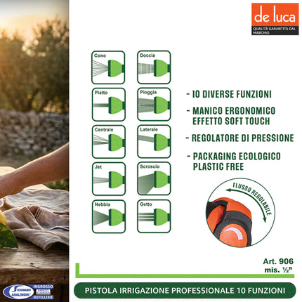 Pistola per Irrigazione Giardino De Luca – 10 Funzioni, Regolatore di Flusso, Manico Soft Touch, ABS ad Alta Resistenza (Attacco Universale 1/2") De Luca Coltellerie