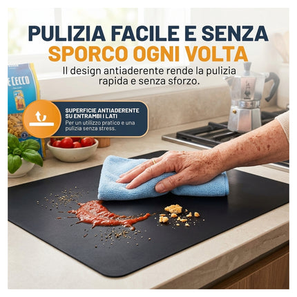 Mano che pulisce facilmente lo sporco e i residui di cibo dal tappetino antiaderente con un panno azzurro.