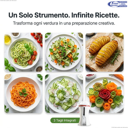 Kurly Plus Spiralizzatore Manuale 3 in 1 per Spaghetti di Verdure – Taglia Verdure Compatto con 3 Lame in Acciaio Inox e Tappo di Sicurezza Lit Gas