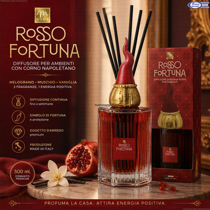 Diffusore Ambienti Premium Rosso Fortuna 500 ml con Corno Napoletano – Made in Italy, Vetro Costolato, Profumatore Casa Elegante a Bastoncini Mercury srl
