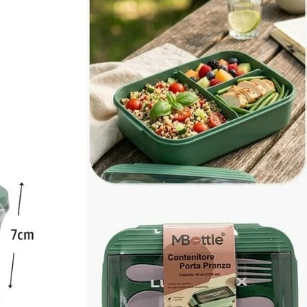 Portapranzo Ermetico 1200 ml 3 Scomparti con Posate BPA Free Microonde Lavabile