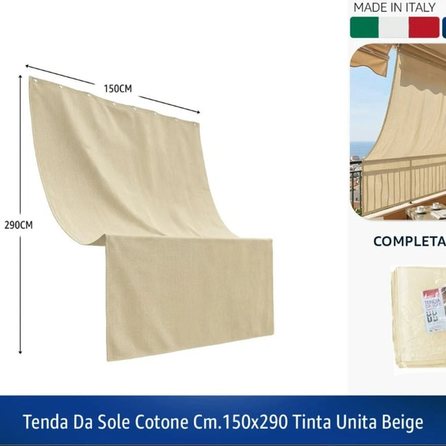 Tenda da Sole in Cotone Misto – Beige, Made in Italy con Ganci, 2 Misure Disponibili! 150 x 290 cm Gemitex
