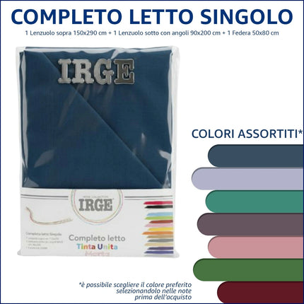 Completo Letto Singolo IRGE Marta Tinta Unita Lenzuolo Sotto Angoli Sopra Federa Irge