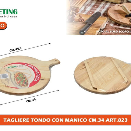 Meeting Legno Tagliere Tondo Legno Abete Made in Italy 25/30/34/40 cm con e senza Manico art.823 - Ø 34 cm (con manico) Meeting Legno