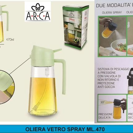 Oliera in Vetro Spray e Versatore 2 in 1 Dispenser Olio Aceto Antigoccia 470ml