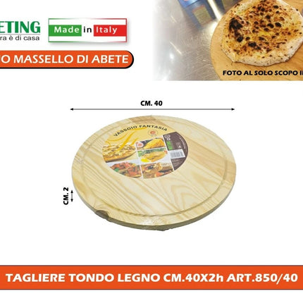 Meeting Legno Tagliere Tondo Legno Abete Made in Italy 25/30/34/40 cm con e senza Manico art.850 40 - Ø 40 cm Meeting Legno