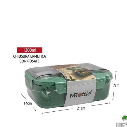 Portapranzo Ermetico 1200 ml 3 Scomparti con Posate BPA Free Microonde Lavabile