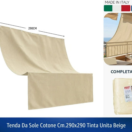 Tenda da Sole in Cotone Misto – Beige, Made in Italy con Ganci, 2 Misure Disponibili! 290 x 290 cm Gemitex