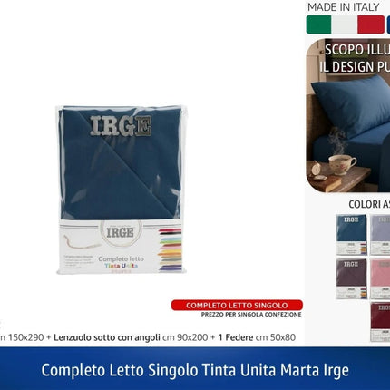 Completo Letto Singolo IRGE Marta Tinta Unita Lenzuolo Sotto Angoli Sopra Federa Irge