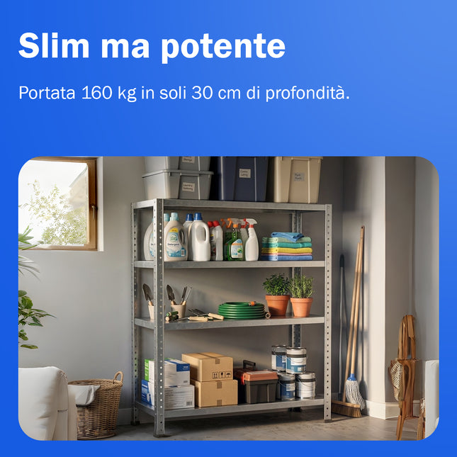 Scaffale Metallo 4 Ripiani 75×30×145 cm – Modulare 2-in-1, Zincato Antiruggine, 160 kg General Trade