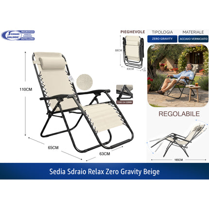 Sedia Sdraio Zero Gravity Pieghevole da Giardino in Acciaio e Textilene con Poggiatesta Beige Casalinghi Sicignano