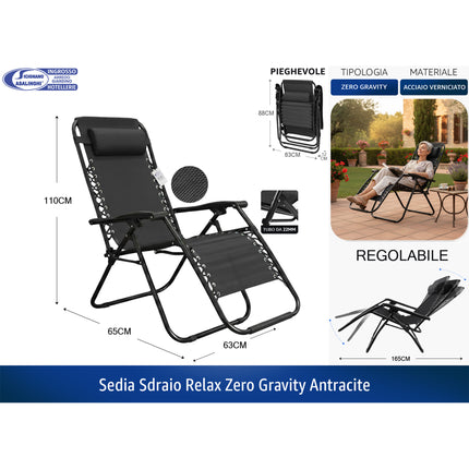 Sedia Sdraio Zero Gravity Pieghevole da Giardino in Acciaio e Textilene con Poggiatesta Antracite Casalinghi Sicignano