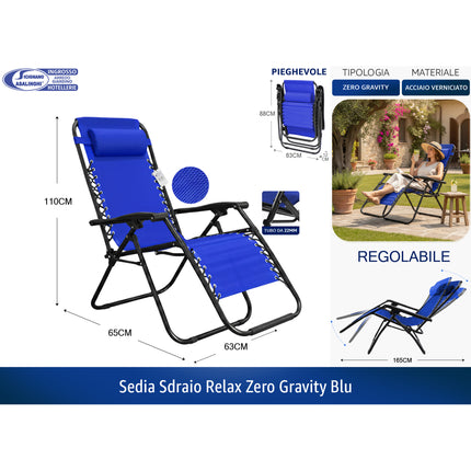 Sedia Sdraio Zero Gravity Pieghevole da Giardino in Acciaio e Textilene con Poggiatesta Blu Casalinghi Sicignano