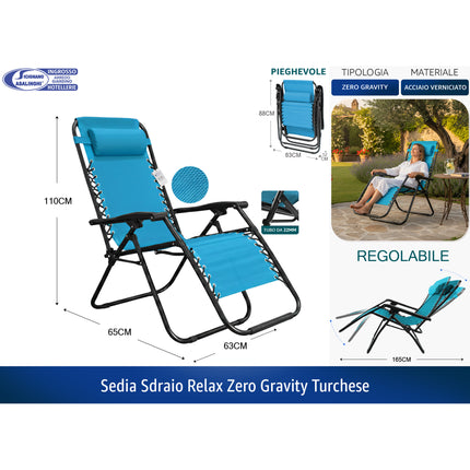 Sedia Sdraio Zero Gravity Pieghevole da Giardino in Acciaio e Textilene con Poggiatesta Turchese Casalinghi Sicignano