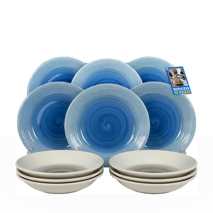TTMM Set Piatti in Ceramica Rigata Effetto Acquerello Bianco/Azzurro – 12 Pezzi Made in Italy D&D Casalinghi