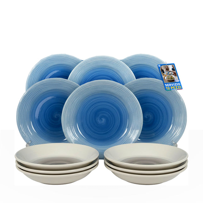 TTMM Set Piatti in Ceramica Rigata Effetto Acquerello Bianco/Azzurro – 12 Pezzi Made in Italy D&D Casalinghi