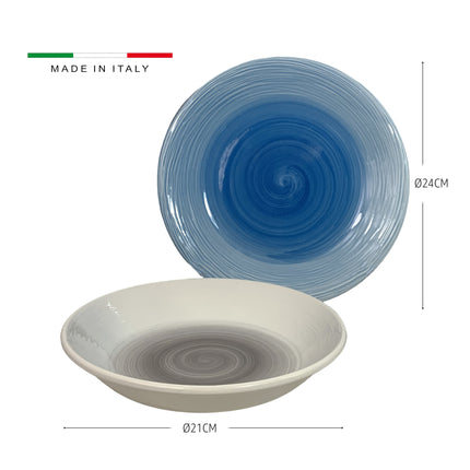 TTMM Set Piatti in Ceramica Rigata Effetto Acquerello Bianco/Azzurro – 12 Pezzi Made in Italy D&D Casalinghi