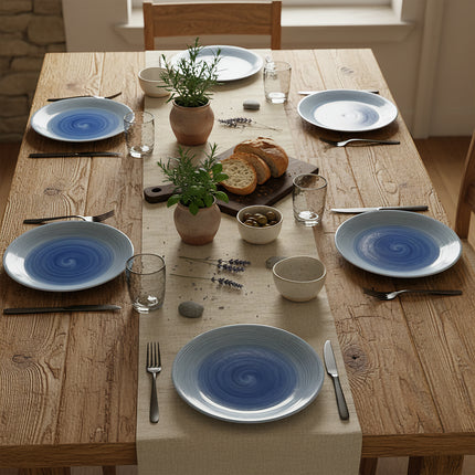 TTMM Set Piatti in Ceramica Rigata Effetto Acquerello Bianco/Azzurro – 12 Pezzi Made in Italy D&D Casalinghi
