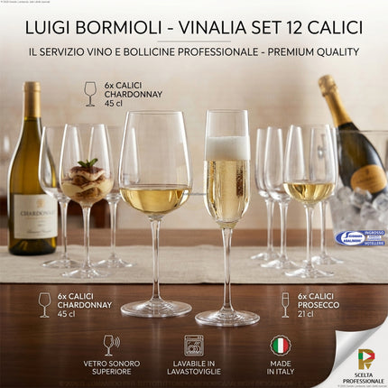 Luigi Bormioli Vinalia Set 12 Calici (45 cl Chardonnay + 21 cl Prosecco) – Servizio Vino e Bollicine Professionale, Vetro Sonoro Superiore Made in Italy Bormioli Luigi