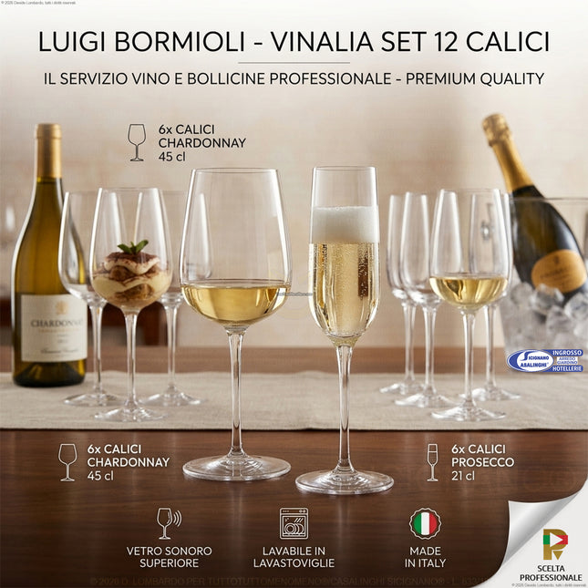 Luigi Bormioli Vinalia Set 12 Calici (45 cl Chardonnay + 21 cl Prosecco) – Servizio Vino e Bollicine Professionale, Vetro Sonoro Superiore Made in Italy Bormioli Luigi