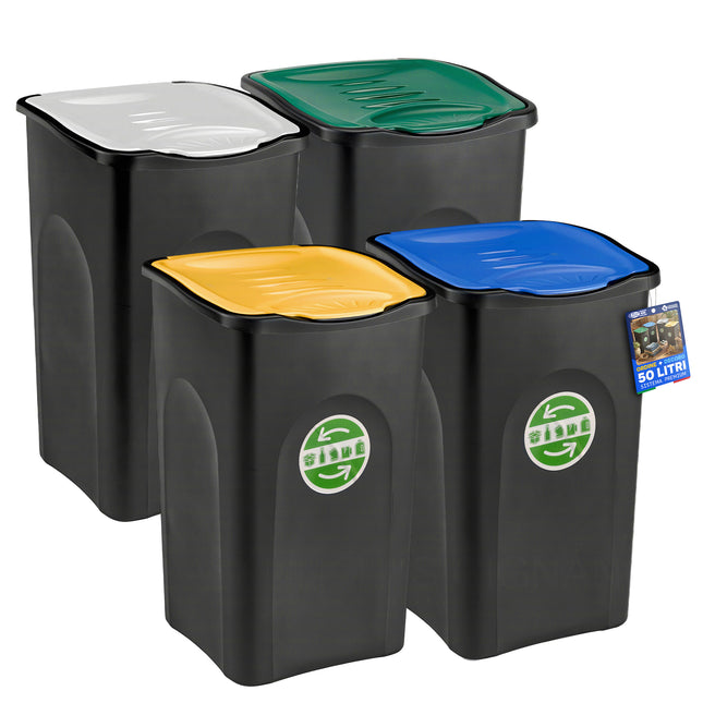 Pattumiera 50L Stefanplast Ecogreen – Bidone per Raccolta Differenziata Made in Italy, Compatto, Lavabile, per Interno ed Esterno Set da 4 Stefanplast