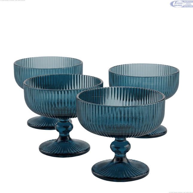 Coppa Gelato Vetro Blu Ottanio 290ml | Design a Coste Vintage | Set da 1/4/6 Pezzi per Dessert & Aperitivi | Elegant Aesthetic Set 4 pezzi Mercury srl