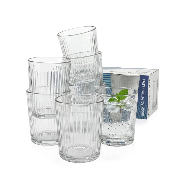 Cok Bicchieri Acqua Set 6 Pezzi 25 cl Collezione Edge Linea Vaso Bicchieri da Acqua e Vino Trasparente Design Rigato Diametro 8 cm Altezza 8.5 cm Cegeco & Alar