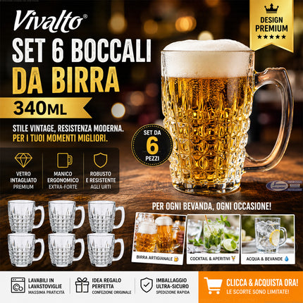 Set 6 Boccali da Birra in Vetro Intagliato 340ml Vivalto – Calici con Manico per Birra, Acqua e Cocktail (12x9 cm) | Offerta Casa MAXI SCORTA - 6 Boccali Arte Regal