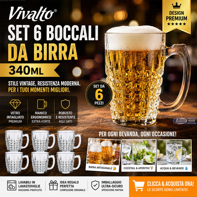 Set 6 Boccali da Birra in Vetro Intagliato 340ml Vivalto – Calici con Manico per Birra, Acqua e Cocktail (12x9 cm) | Offerta Casa MAXI SCORTA - 6 Boccali Arte Regal