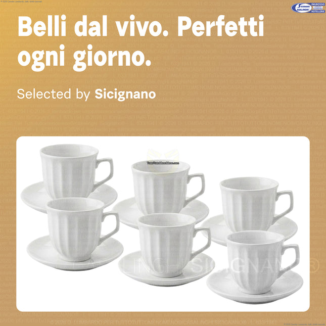Set 6 Tazze da Tè con Piattino in Porcellana Bianca – 12 Pezzi, Design Rigato, Lavabili in Lavastoviglie Star