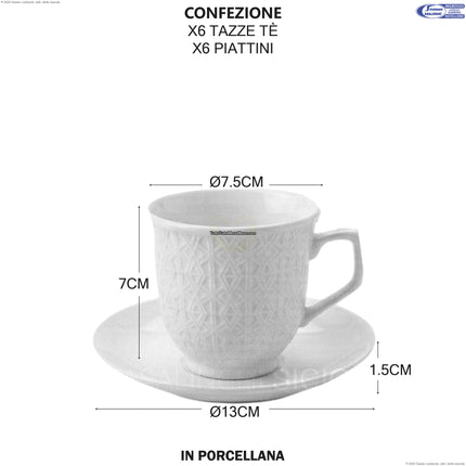 Set 6 Tazze da Tè con Piattino in Porcellana Bianca – 12 Pezzi, Design Testurizzato, Lavabili in Lavastoviglie Star