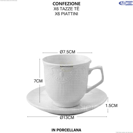 Set 6 Tazze da Tè con Piattino in Porcellana Bianca – 12 Pezzi, Design Elegante e Lavabili in Lavastoviglie Star
