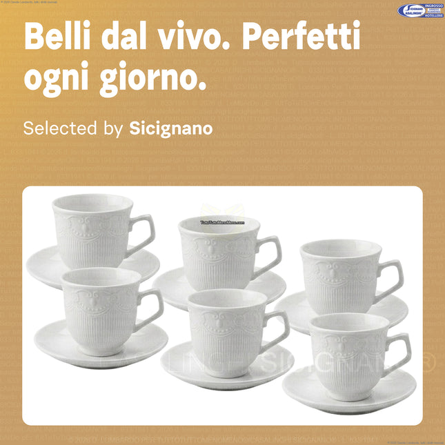 Set 6 Tazze da Tè con Piattino in Porcellana Bianca – 12 Pezzi, Design Elegante e Lavabili in Lavastoviglie Star