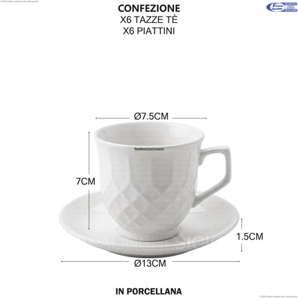 Set 6 Tazze da Tè con Piattino in Porcellana Bianca – 12 Pezzi, Design Testurizzato, Lavabili in Lavastoviglie Star